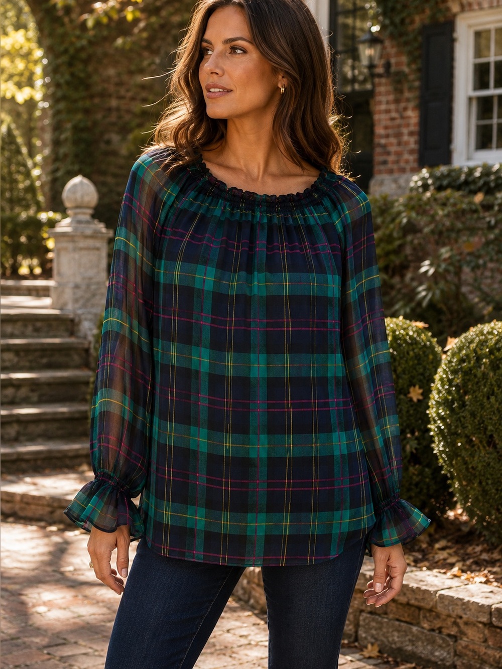 TALBOTS Tartan Plaid Chiffon Equestrian On/Off the Shoulder Holiday Blouse, 2X